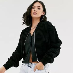 Another reason knitted bomber jacket with zip front